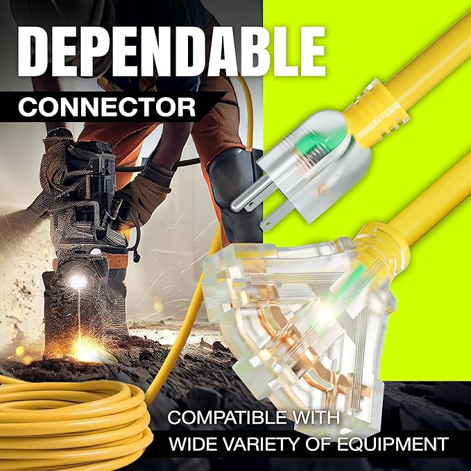 10ft Outdoor/Indoor Extension Cord 3-Outlet 12/3 Gauge Extra Heavy Duty 3 Prong SJTW, Waterproof, Flexible Cold-Resistant Long Power Cord,15A 125V 1875W, Yellow by LifeSupplyUSA