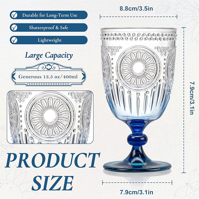 XUWAIDSGN 12Pcs Plastic Vintage Wine Glasses 13.5oz Reusable Embossed Goblet Glasses Blue Gradient Retro Wine Glassware Unbreakable Stemmed Champagne Water Cups for Wine Cocktail Juice Wedding