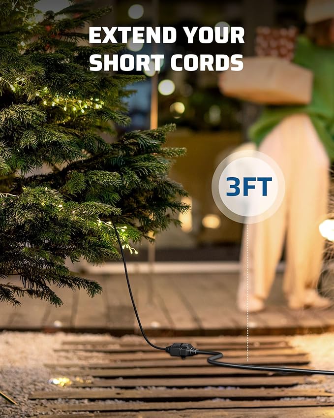 DEWENWILS 3Ft Outdoor Extension Cord, Short Extension Cord 16 AWG SJTW for Indoor Use, 3 Prong Grounded Outlets Plugs, Small Power Cable for Decor and Lights, Black, ETL Listed, 2 Pack