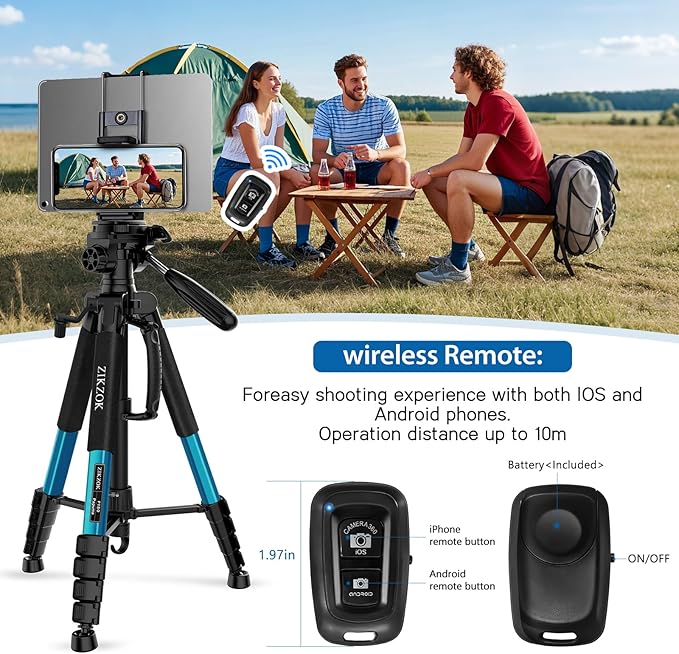 75" Heavy Duty Camera Tripod Stand with Bluetooth Remote - Max Load 15LB, Aluminum Travel Tripod for DSLR/Phone/Tablet/Projector, 3-Way Pan Head & Quick Release Plate, Compact Foldable Design (Blue)