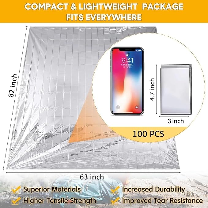 Emergency Survival Blanket, Mylar Thermal Blanket, Gigantic Space Blanket 82" x 63" (1)