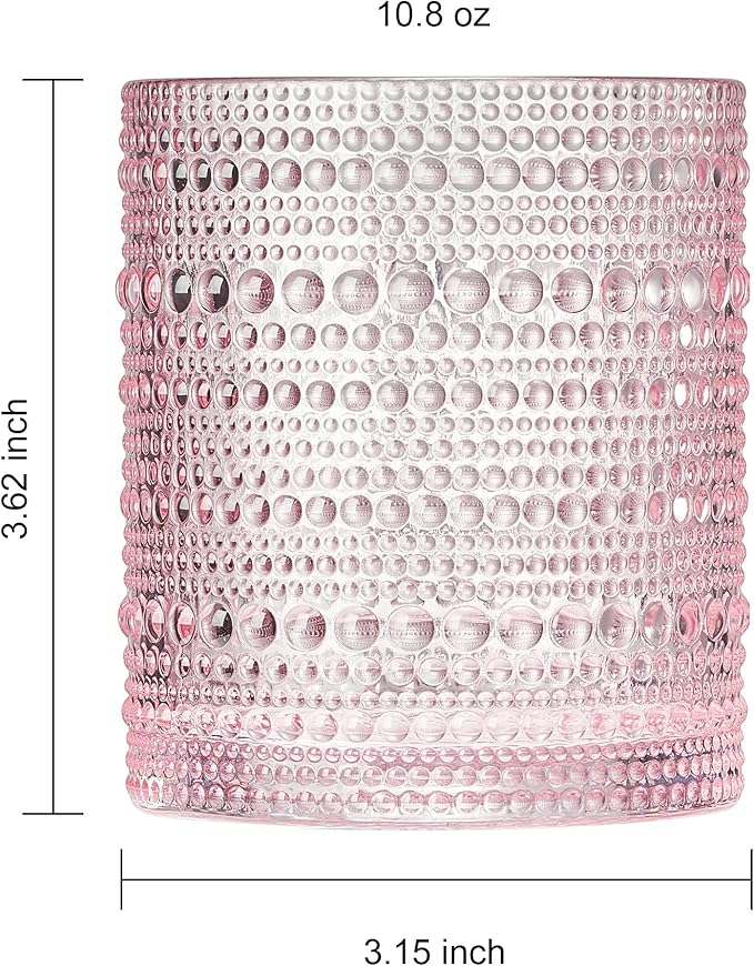 Khen Hobnail Beaded Highball Drinking Tumbler Glasses | Set of 6 | Pastel Pink Color, Vintage Bubble Design Whiskey Glassware, Rocks Glasses