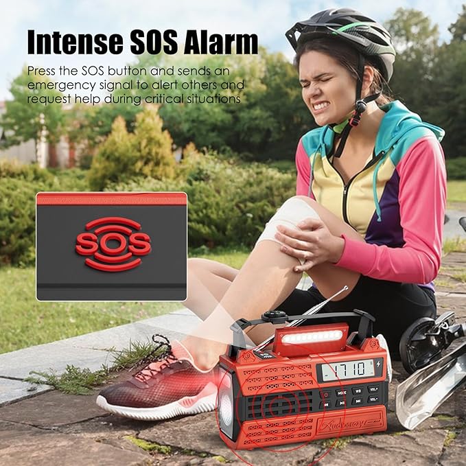 Emergency Crank Radio, 5000mAh/18500mWh Solar Hand Crank Radio, AM/FM/NOAA Weather Radio with Bluetooth,Type C Charger, 3 Mode Flashlight,Reading Lamp for Emergency& Camping Red