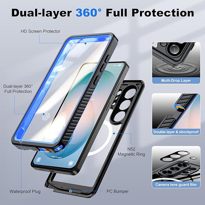 ANTSHARE IP68 Waterproof Case for Samsung Galaxy S26 Ultra [2026] - MagSafe Compatible, Built-in Screen/Lens Protector - Shockproof Full Body Protection for Swimming/Outdoor, Blue/Clear
