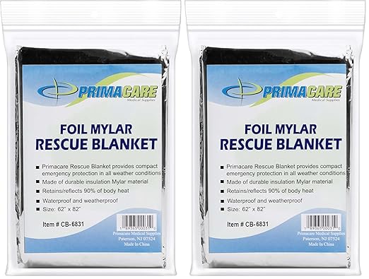 Primacare CB-6831 Emergency Mylar Thermal Foil Blanket, Lightweight and Durable Insulation Mylar Material, Perfect for Outdoors, Hiking, Survival, First Aid, 62" x 82" (Pack of 2)