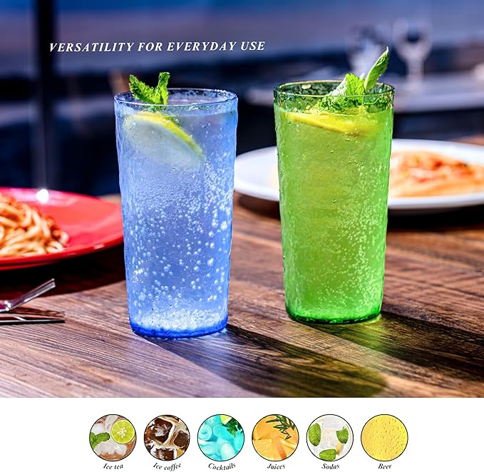 18oz Acrylic Glasses Drinkware (Set of 8), Ice-carved Design Shatter-Proof Plastic Cups, Reusable Plastic Drinking Tumblers, BPA-Free, Dishwasher-Safe (Blue)
