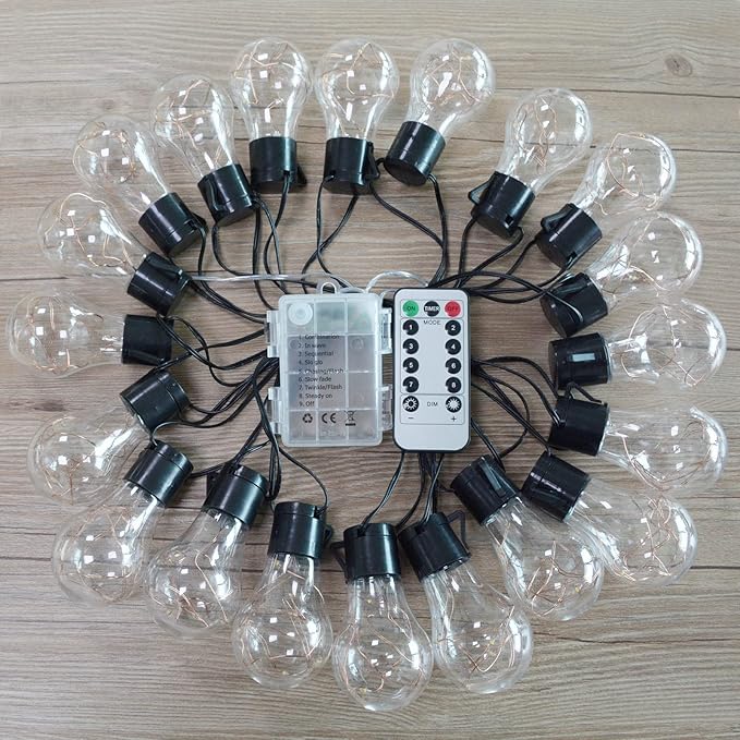 14ft Battery Operated 20 Hanging Bulb 100 LED String Lights, Vintage Commercial Battery Outdoor Lights for Indoor Outdoor Decorations Home, Bedroom, Patio, Balcony, Christmas Party (8 Modes)