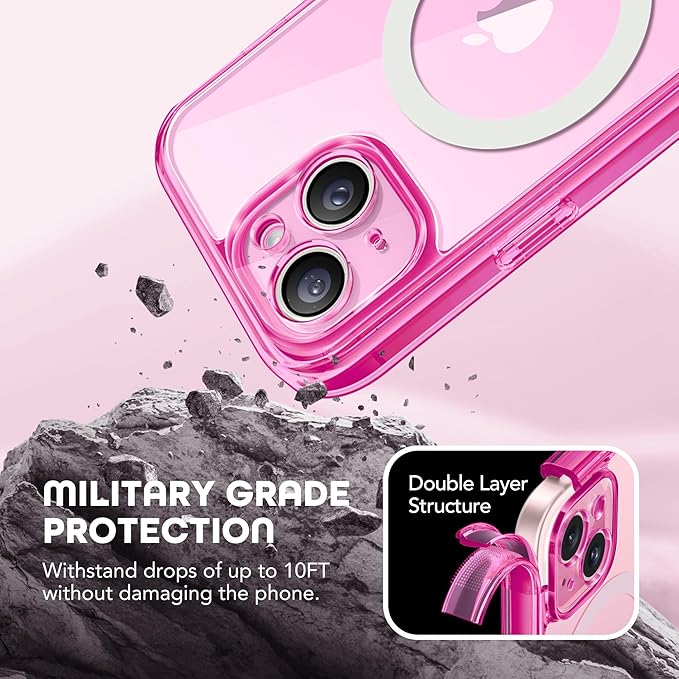 TIESZEN for iPhone 15 Case, Compatible with MagSafe, Built-in Privacy Screen Protector and Camera Protection, Anti Spy Full Body Dustproof Shockproof Hard Phone Case 6.1", Fluorescent Pink