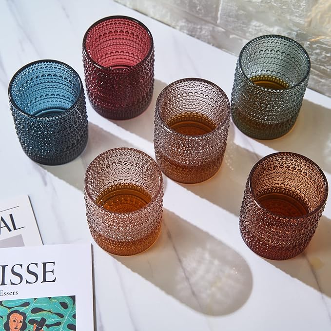 Khen Beaded Tumbler Drinking Glasses Set | Set of 6 | Vintage Hobnail 11 OZ Bubble Design Whiskey Glassware, Old-Fashioned, Embossed Design Glass for Water, Wine, Cocktail HAND WASH ONLY (Grey)