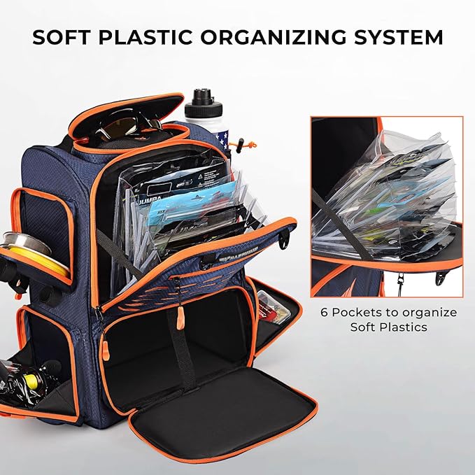 KastKing Bait Boss Fishing Tackle Backpack with Rod Holders-4 Tackle Boxes-Rain Cover,45/43L Large Storage for Fishing Gear