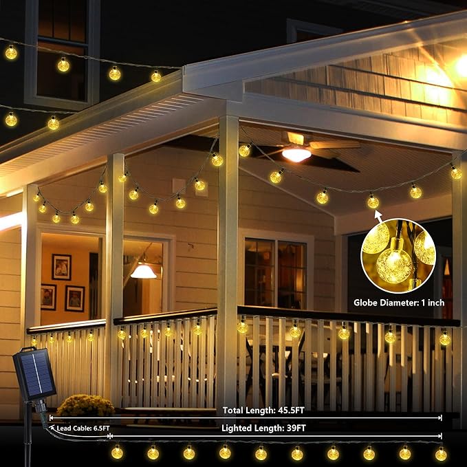 Joomer Solar Powered String Lights,39FT 60 LED Outdoor Solar String Lights Crystal Ball Lights 8 Modes Globe Lights for Garden, Gazebo, Porch, Lawn, Patio, Tree Decor (Warm White)