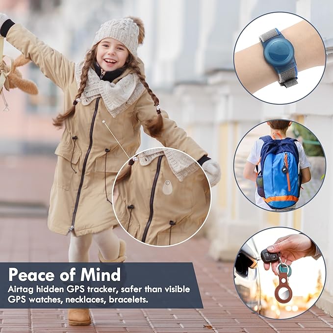 for Airtag Holder for Kids Hidden 4 Pack GPS Tracker Case, Anti-Removal Security Air Tag Case with Pins, GPS Cover Suitable for Children, Elderly, Pets, Backpack, Luggage (Black, Blue, Grey, Pink)