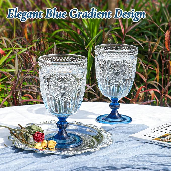 XUWAIDSGN 24Pcs Plastic Vintage Wine Glasses 13.5oz Reusable Embossed Goblet Glasses Blue Gradient Retro Wine Glassware Unbreakable Stemmed Champagne Water Cups for Wine Cocktail Juice Wedding