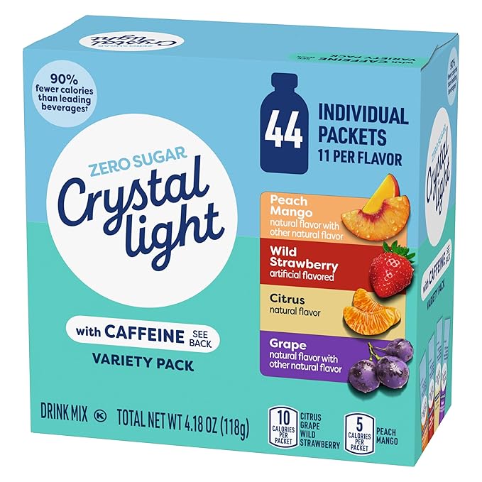 Crystal Light Energizing Drink Mix with Caffeine Variety Pack, 44 Packets for On-the-Go Hydration, Peach Mango, Wild Strawberry, Citrus, Grape, Naturally and Artificially Flavored, Zero Sugar, 4.18 oz