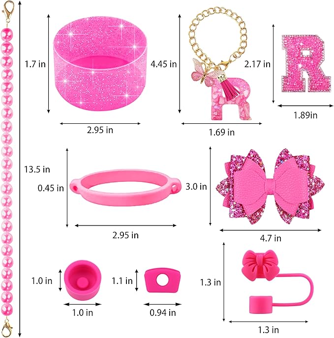 9PCS Hot Pink for Stanley Cup Accessories Set Bling Initials Bow Charms for Stanley Decorations 30/40 Oz Tumbler Accessories Including Bow Straw Topper, Handle Strap, Spill Stopper（Letter R）