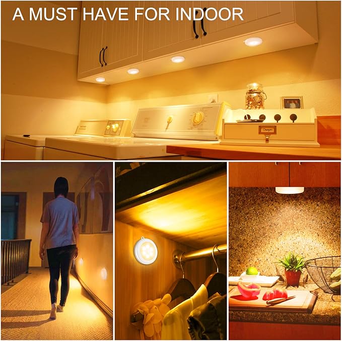 Mlambert 4 Pack Motion Sensor LED Night Light, Cordless Battery-Powered Stick-on Magnet Closet Lights, Safe Lighting for Stairs, Cabinet, Warm White