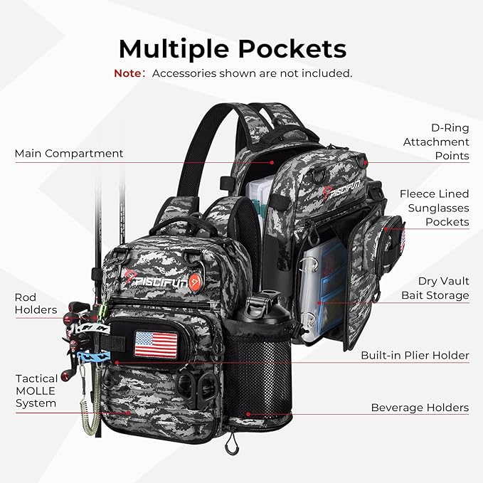 Piscifun Fishing Tackle Backpack, Convertible Sling or Waist Pack, 16-Pocket Storage Gear Bag with 2 Rod Holders & Rain Cover