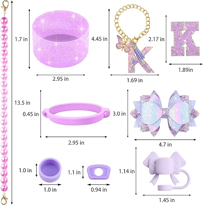 9PCS Purple for Stanley Cup Accessories Set Bling Initials Bow Charms for Stanley Decorations 30/40 Oz Tumbler Accessories Including Bow Straw Topper, Handle Strap, Spill Stopper（Letter K）