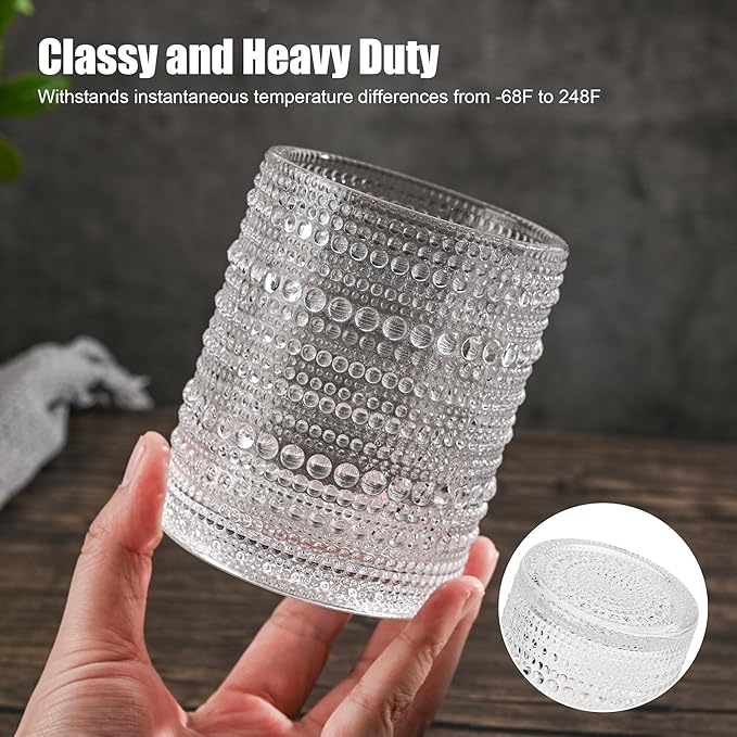 KMIGRUAN Hobnail Drinking Glasses Set of 6,12oz Vintage Glassware Embossed Vintage Water Cups Cocktail Glasses Juice Glasses