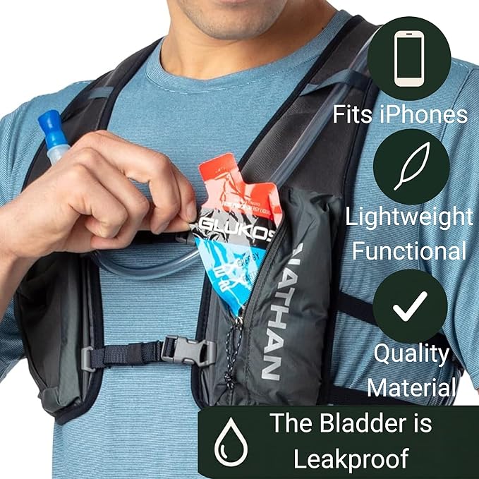 Nathan QuickStart Hydration Pack Vest with Bladder or flasks, Storage Pockets, Breathable Moisture-Wicking Fabric, Adjustable Straps for Running, Hiking, Walking, Marathons, Obstacle Races