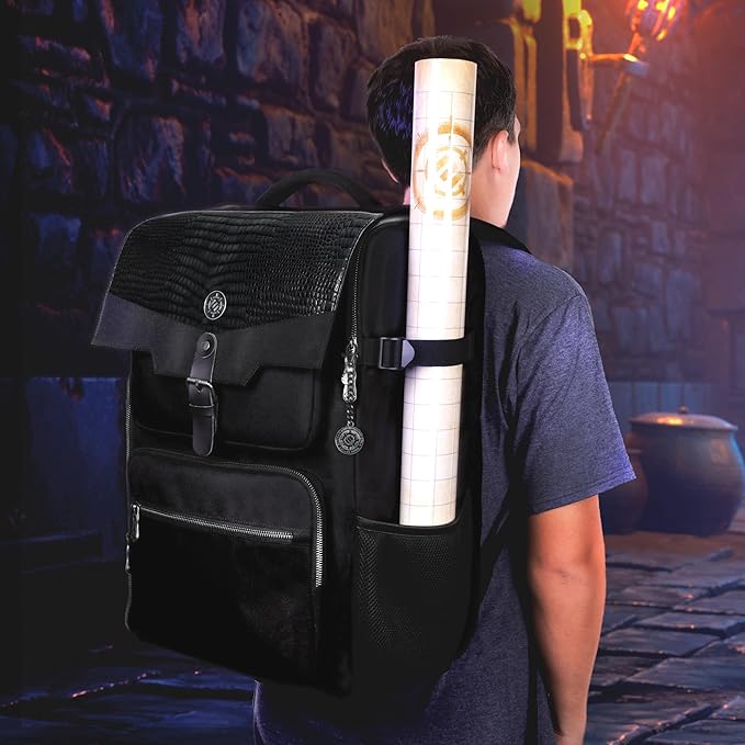 ENHANCE Collector's Edition DnD Backpack - RPG DM Bag for Dungeons and Dragons - DnD Bag fits 6-8 Books, 18" Laptop/DM Screen Slot, Miniature Foam Trays, Accessory Pockets, Map Strap (Dragon Black)