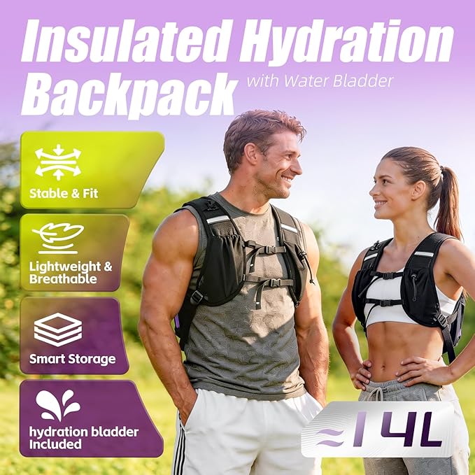 Hydration Pack Backpack, Insulated Hiking Water Backpack with 1.5L Water Bladder, Running Hydration Vest Backpack for Men Women, Hydro Daypack for Hiking, Cycling, Climbing, Rave