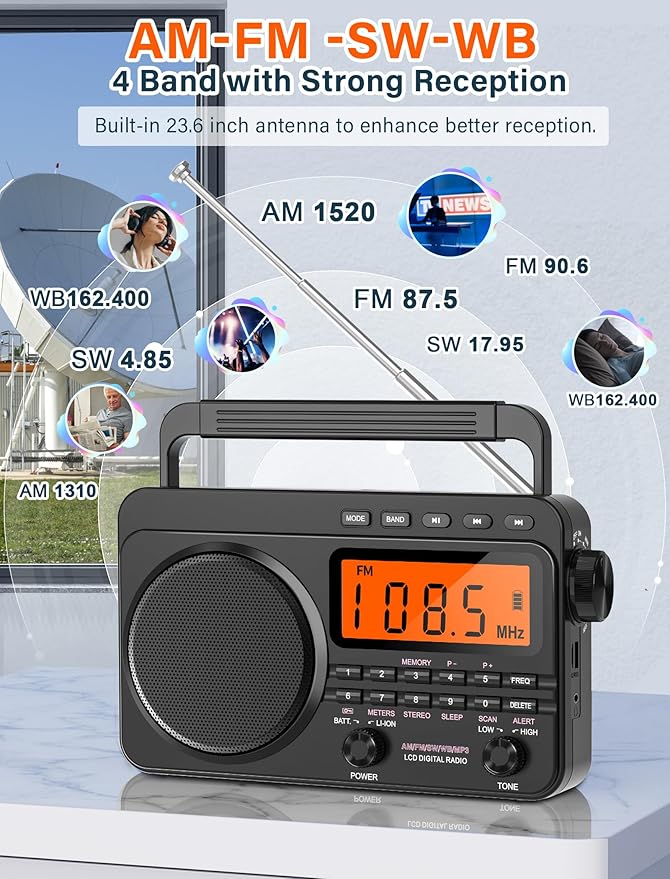 NOAA Weather Alert Radio,Digital AM FM Shortwave Radio with Best Reception,4000mAh Rechargeable Portable AM FM,Support SD Card