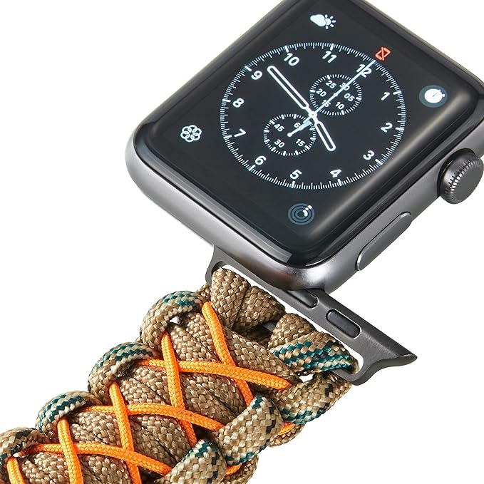 Savior Survival Gear Paracord Band,Compatible with Apple Watch Band 49mm 46mm 45mm 44mm 42mm,iWatch Band Series Ultra 10 9 8 7 6 5 4 3 2 1 SE,Adjustable strap for men (Brown-Brown Camo-Orange,Large)