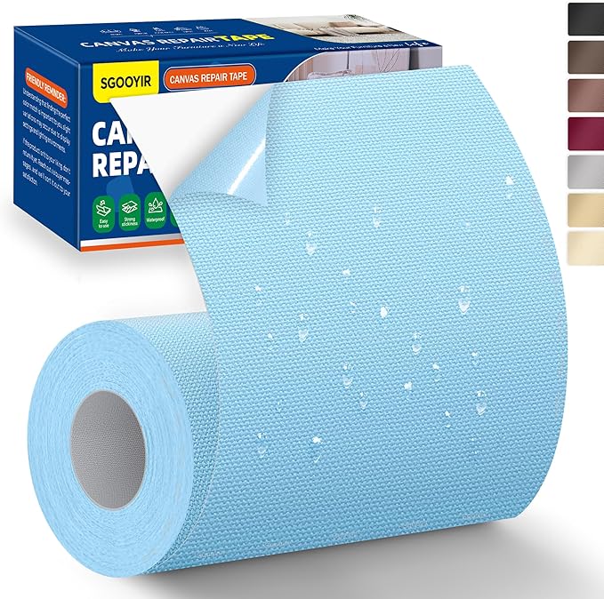Self-Adhesive Canvas Repair Tape, 4" x 80" Waterproof Canvas Repair Patch, Fabric Patch Repairs Kit for Furniture, Tents, Sunbrellas, Boat Covers Awnings, Couches, Clothes, Bags Light Blue