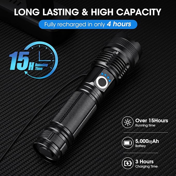 Kmivo Flashlights Rechargeable LED High Lumens - 4 Pack 90,000LM Super Bright Flashlight, Adjustable Powerful Flash Light with 5 Modes, Waterproof Handheld Flashlight for Home, Camping