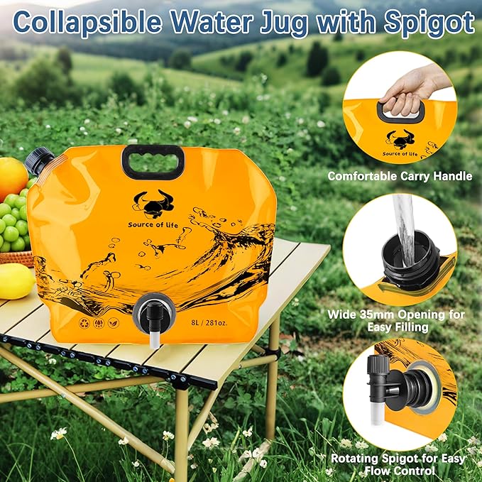 Water Jug Camping 2.1 Gallon Collapsible with Spigot, BPA Free Portable Water Pouch Foldable Water Bags for Outdoor Hiking, Travel and Emergency & Water Storage Containers (Orange-1Pcs)