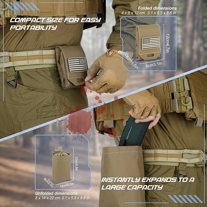 Tactical Dump Pouch for Battle Belt & MOLLE Systems | Foldable Mag Pouch with Drawstring Closure | for Hunting, Duty, Paintball | Includes Flag Patch