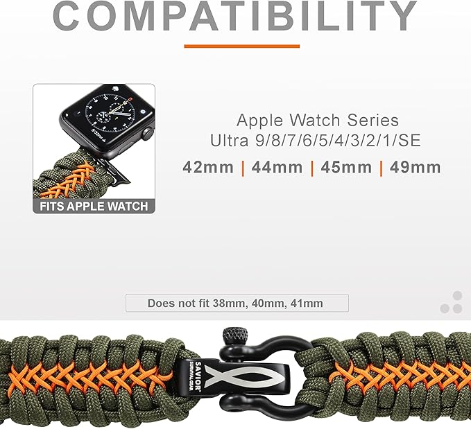 Savior Survival Gear Paracord Watch Band, Compatible with Apple Watch Band 49mm 46mm 45mm 44mm 42mm, iWatch Band Series Ultra 10 9 8 7 6 5 4 3 2 1 SE, Adjustable strap for men ( Green & Orange, Large)