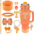9PCS Orange for Stanley Cup Accessories Set Bling Initials Bow Charms for Stanley Decorations 30/40 Oz Tumbler Accessories Including Bow Straw Topper, Handle Strap, Spill Stopper（Letter T）