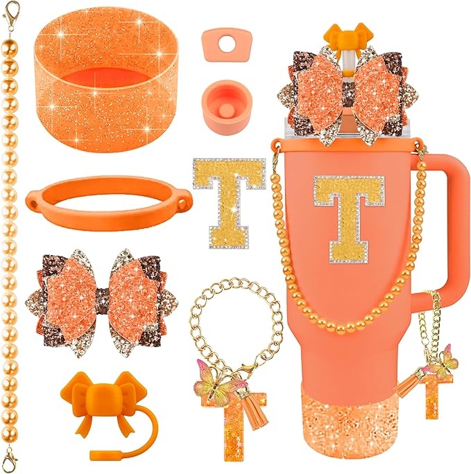 9PCS Orange for Stanley Cup Accessories Set Bling Initials Bow Charms for Stanley Decorations 30/40 Oz Tumbler Accessories Including Bow Straw Topper, Handle Strap, Spill Stopper（Letter T）