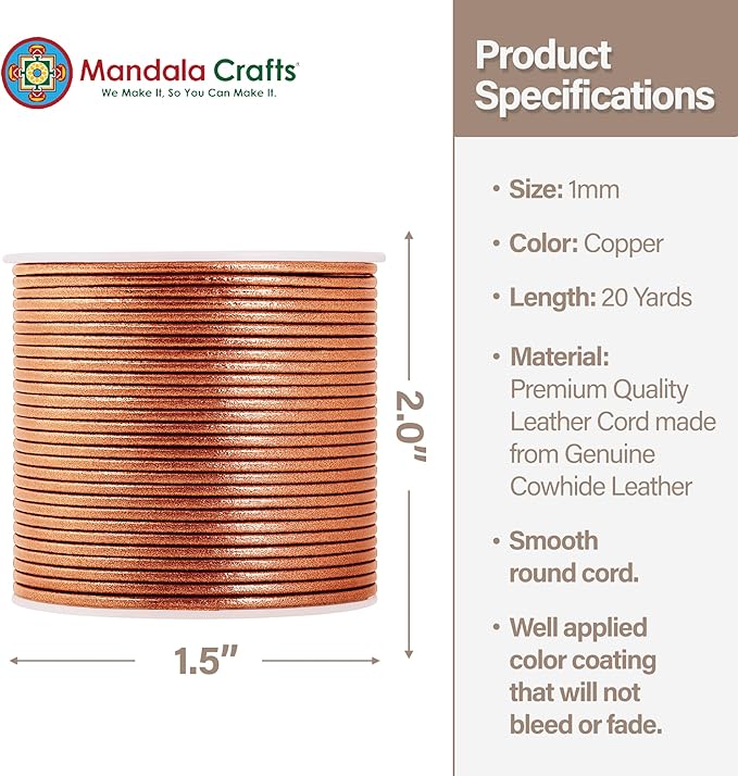 Mandala Crafts Round Genuine Copper Leather Cord for Jewelry Making – 1mm Cowhide Leather Rope String Lace for Kumihimo – 20 Yards Cowhide Craft Cording Spool