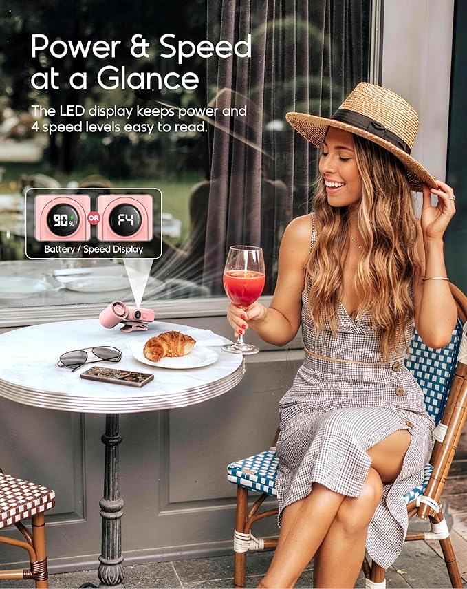 Portable Clip-On Mini Fan, Hands-Free, Turbo Personal Handheld Fans Rechargeable w/ 4 Wind & LED Display, Pocket Size Summer Cooling Essentials for Travel/Eye Lash/Beach/Concert, Gifts for Women(Pink)