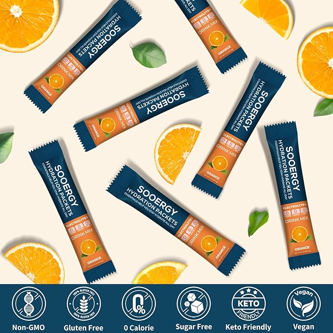 Electrolytes Powder Packets Sugar Free Hydration Packets, Liquid Daily IV Electrolyte Drink Mixex for Rehydration with Electrolytes, Vitamins, 0 Calorie, Orange Flavor, 20 Sticks