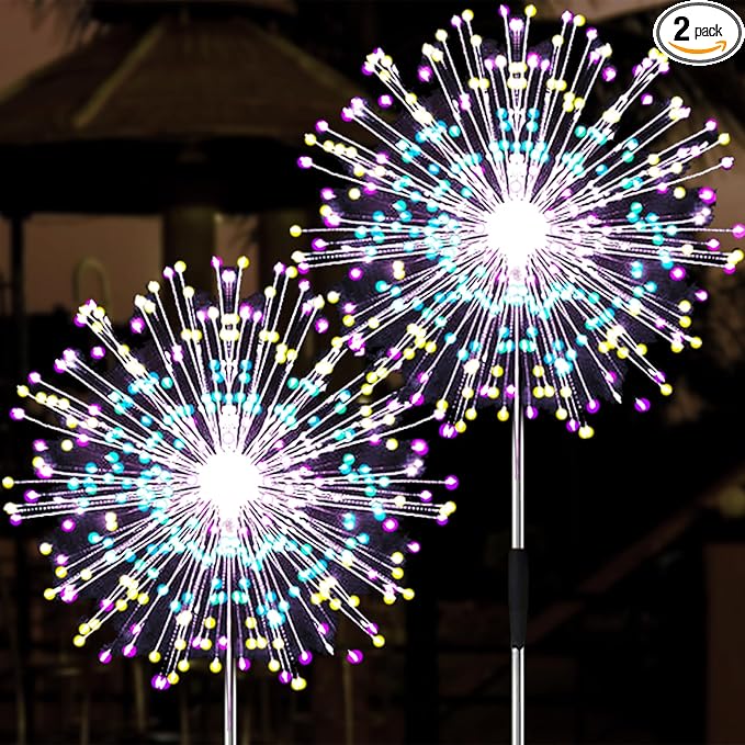JJGoo Solar Firework Lights, 2 Pack 150 LEDs 2 Lighting Modes Solar Lights Outdoor Waterproof for Garden Patio Walkway Pathway Party Wedding Christmas Decorative - Mixed Color