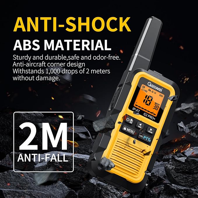 Gaswei G2pro+ IP67 Waterproof Floating Heavy Duty Walkie Talkies Long Range for Adults FRS Double PTT，FM radio,SOS,NOAA weather Rechargeable Two Way Radios 2 watts,VOX,Li-ion Battery (2 Pack - Yellow)