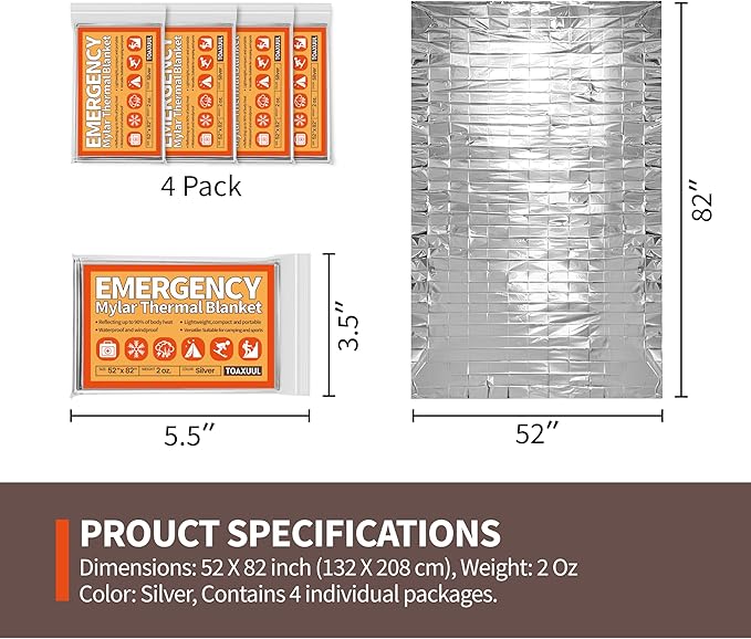 Emergency Blanket 4 Pack, Reflective Thermal Blanket, Space Mylar Blankets Survival Gear,82" X 52"