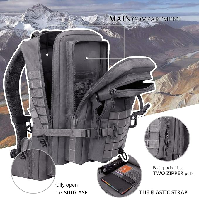 Hannibal Tactical MOLLE Assault Backpack, Tactical Backpack Military Army Camping Rucksack, 3-Day Pack Trip w/USA Flag Patch, D-Rings, Grey