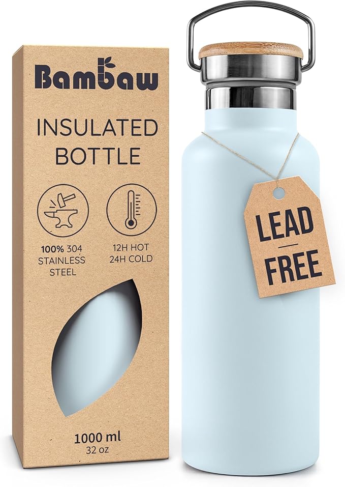 Bambaw 32 oz Water Bottle, Insulated Stainless Steel Water Bottle with Wide Mouth, Made of High-Grade Stainless Steel, Portable with Handle, Great for Travel, Gym & Work (Ice Blue)