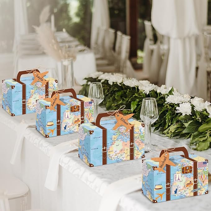 12Pcs Large Suitcase Party Favor Boxes Travel The Map Paper Treat Box with Tags Birthday Supplies Travel Theme Candy Goodie Gift Boxes for Birthday Baby Shower Wedding Adventure Party Table Decoration