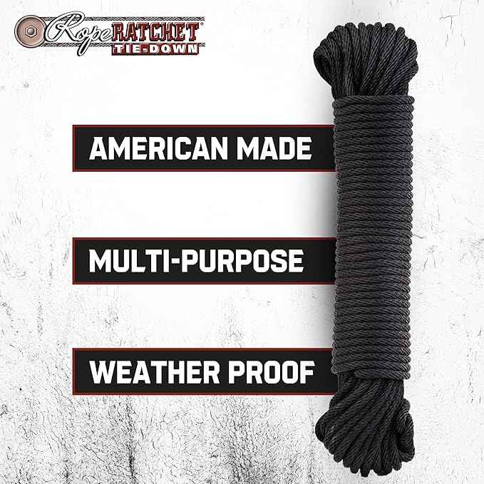 Rope Ratchet 3/16" 50 ft Braided Polypropylene Utility Cord, Weather Resistant Indoor Outdoor for Gardening, DIY Projects, Securing Loads, Binding, Knot Tying, Tarp Use, 110 lb Capacity - Black