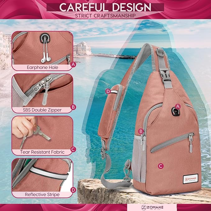 ZOMAKE Sling Bag,Small Crossbody Sling Backpack,Water Resistant Shoulder Daypack for Travel,Anti Thief Chest Bag for Hiking(Pink(New))