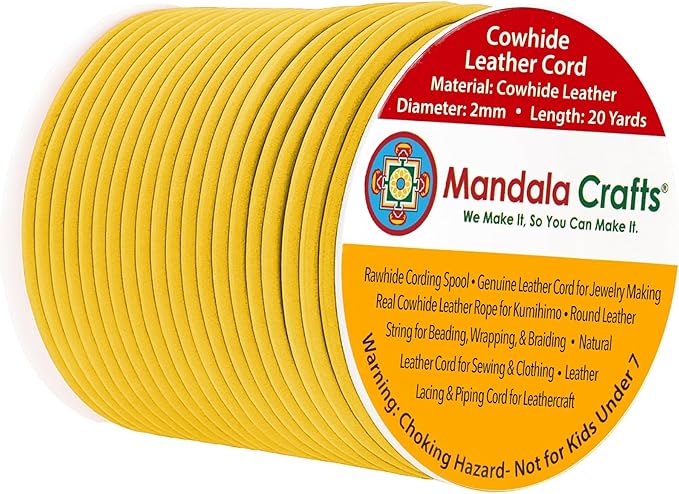 Mandala Crafts Round Genuine Yellow Leather Cord for Jewelry Making – 2mm Cowhide Leather Rope String Lace for Kumihimo – 20 Yards Cowhide Craft Cording Spool