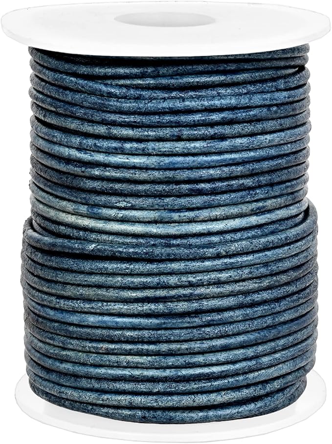 GENIQUE Real/Genuine Round Leather String Cord for Necklace, Bracelets, Jewellery, Braiding (2mm, Blue Distressed)