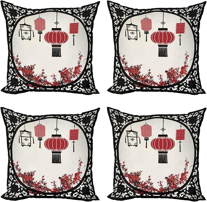 Ambesonne Lantern Throw Pillow Cushion Case Pack of 4, Lanterns with Japanese Sakura Cherry Blossom Trees Round Ornate Graphic, Modern Accent Double-Sided Digital Printing, 16", Red Beige