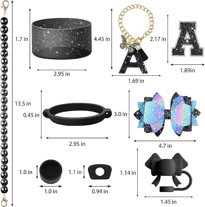 9PCS Black for Stanley Cup Accessories Set Bling Initials Bow Charms for Stanley Decorations 30/40 Oz Tumbler Accessories Including Bow Straw Topper, Handle Strap, Spill Stopper（Letter A）